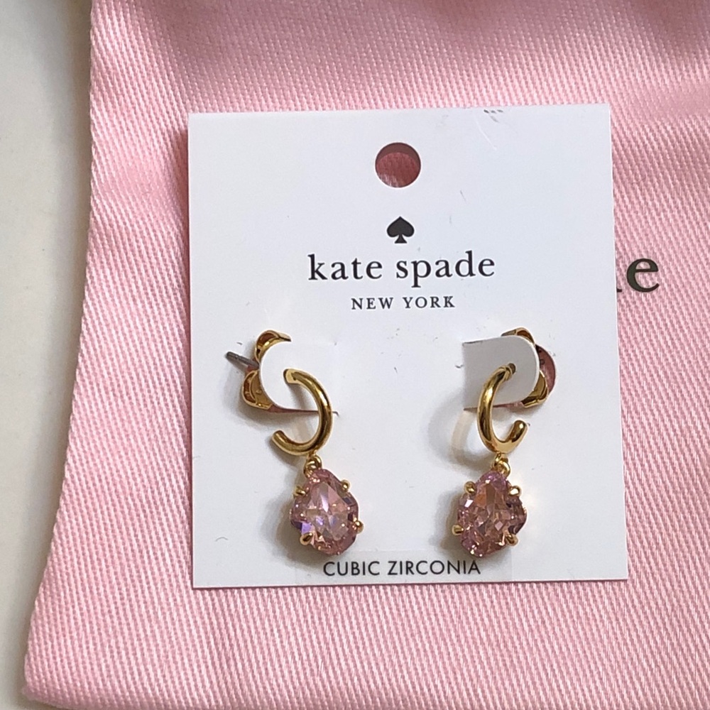 Kate Spade Treasure Trove Gold Tone & Pink CZ Huggie Hoop Drop Earrings NWT